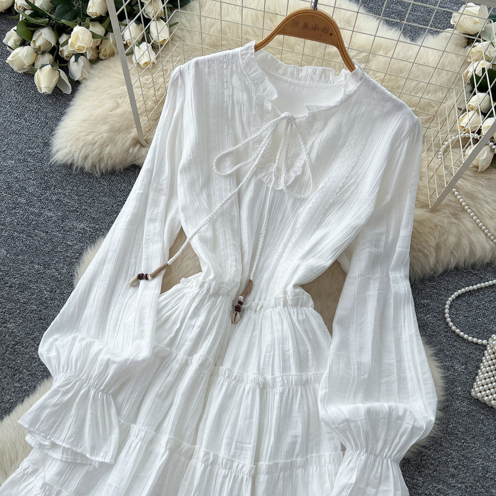 Korean style white lantern sleeve slim-fit dress - women's spring/autumn ruffle trim tie-waist a-line dress