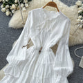 Korean style white lantern sleeve slim-fit dress - women's spring/autumn ruffle trim tie-waist a-line dress
