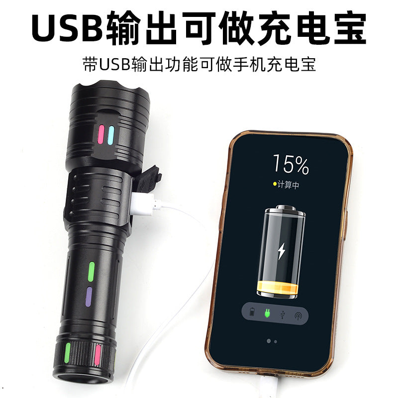 Cross-border new white laser strong light flashlight Type-C charging smart screen display fluorescent colorful LED flashlight