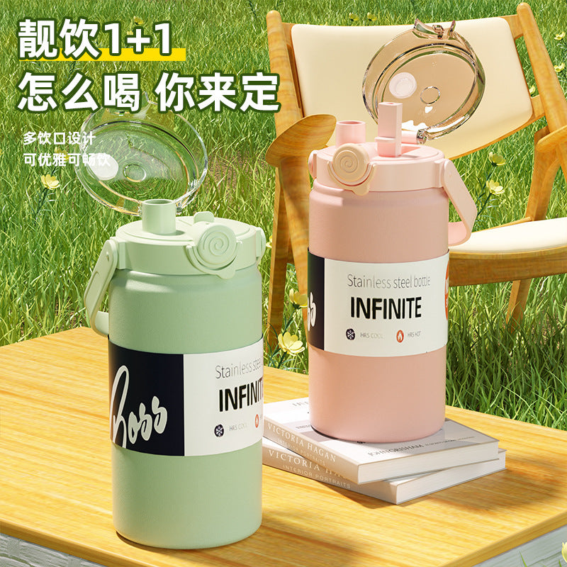 316 stainless steel thermos cup, good-looking female student straw dual-purpose cup, male car portable large-capacity water kettle