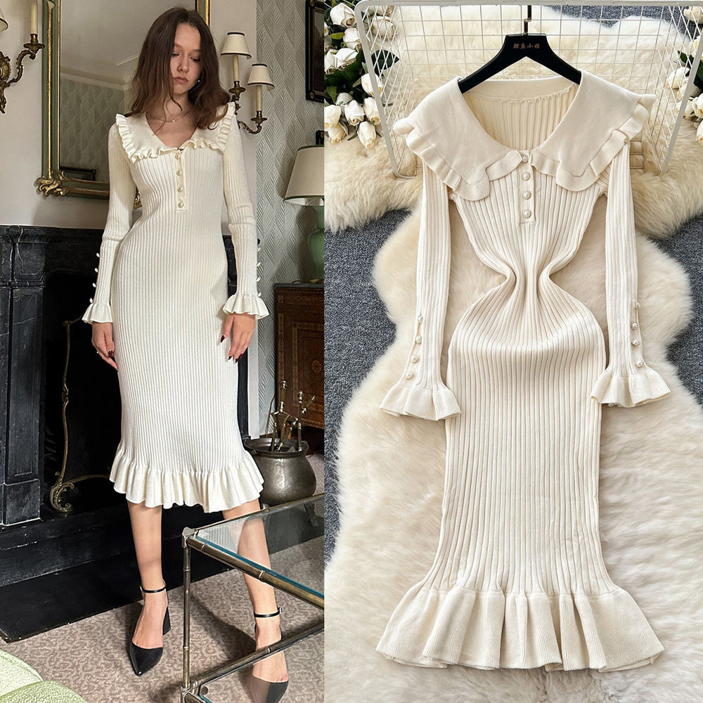 Autumnew arrivalretrocontrast color doll collar waist knittingdress women's elastic silmelegantruffles long skirt