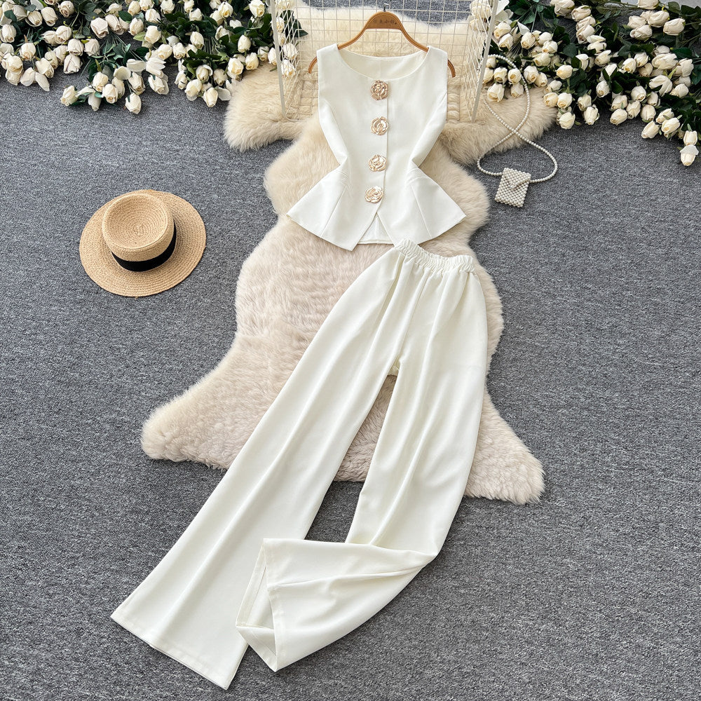 European and american cross-border fashion design: 3d floral patchwork tank top + high-waisted slimming wide-leg pants spring/summer set