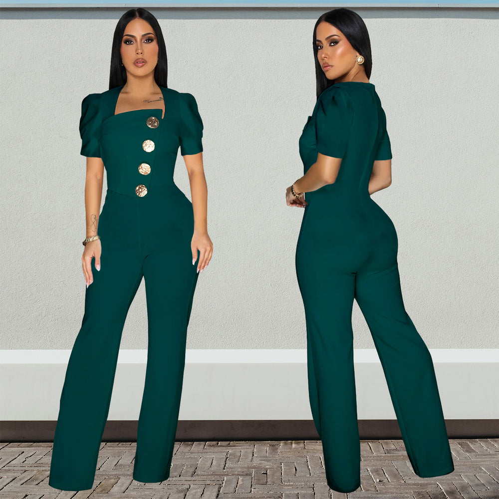 C7378 cross-border   fashion women's large button short sleeve sporty wide leg jumpsuit new