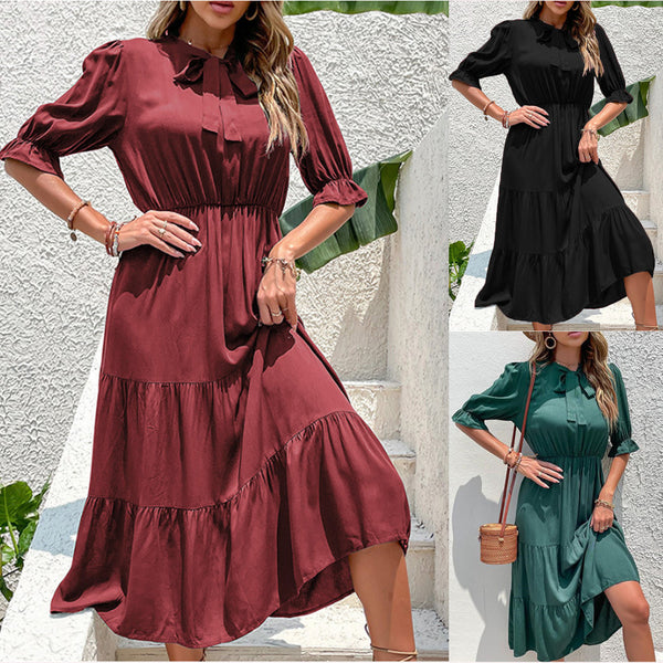 Independent Station Cross-border 2025 summer new European and American women's clothing wrinkled bow streamer solid color dress