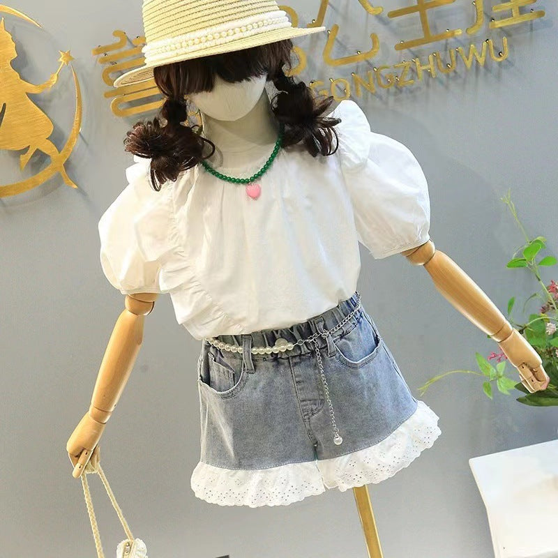 Summer new girls' outfit: bubble sleeve blouse and lace denim shorts two-piece set