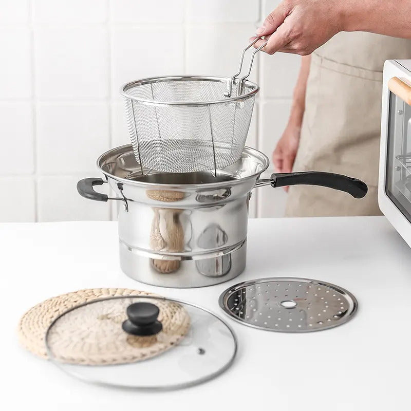 Wholesale stainless steel multifunctional noodle pot with handheld strainer, large capacity deep fryer, universal cooking pot for home use