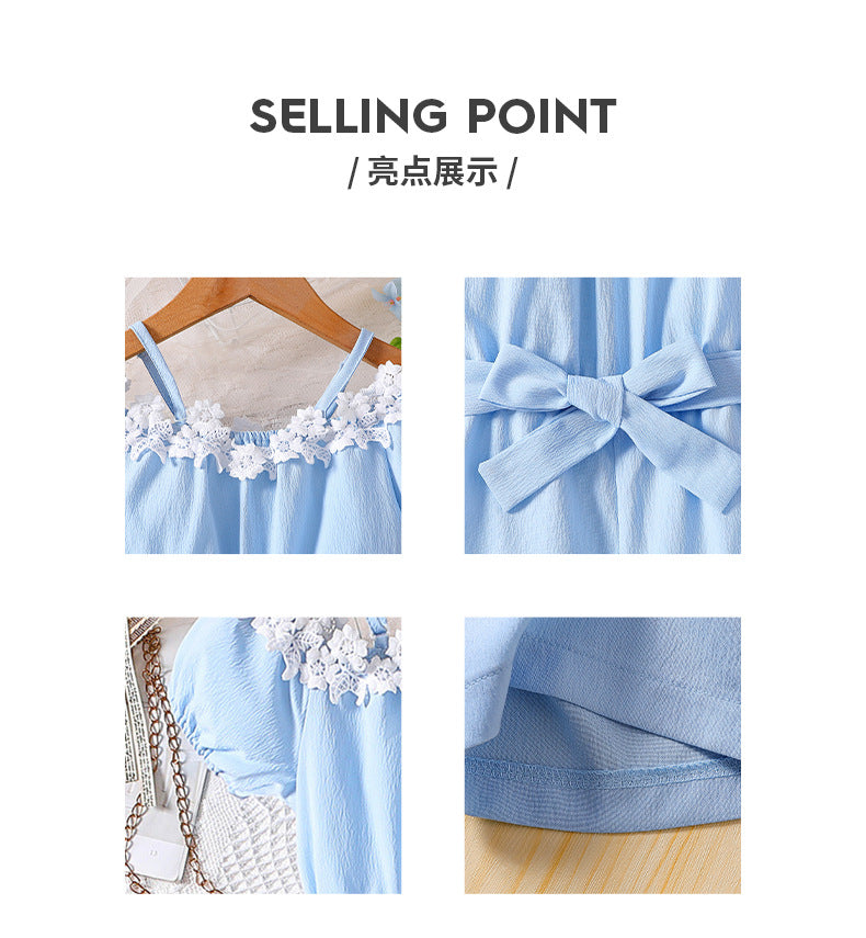 girl's suspender one-shoulder jumpsuit lace flower collar bows belt sky blue kids pants suit