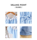 girl's suspender one-shoulder jumpsuit lace flower collar bows belt sky blue kids pants suit