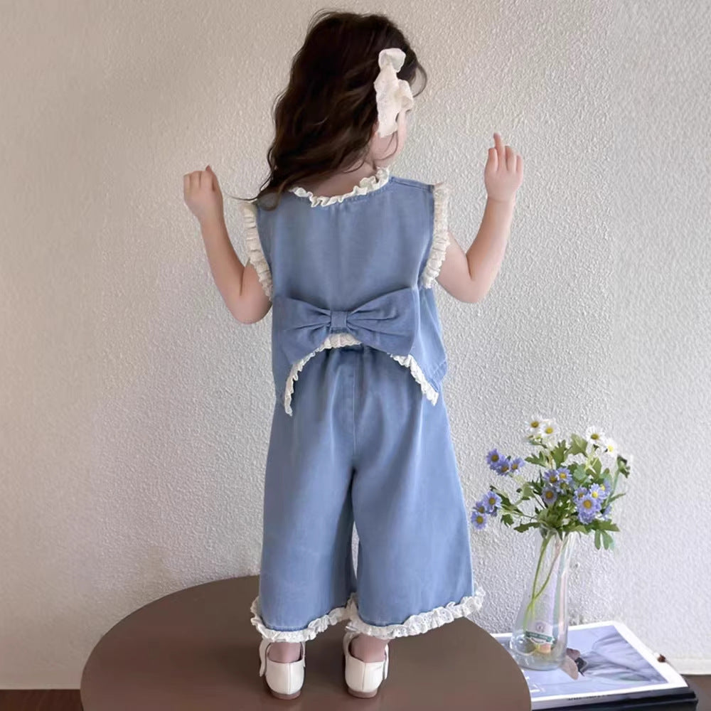 Girls' summer denim outfit:  new style kids' tank top and wide-leg pants fashionable two-piece set, baby summer clothes