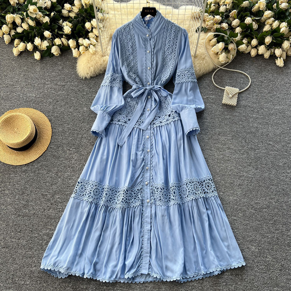 Frenchclassyretrolacepatchwork pearl single breasted slimmingelegant stand collar lantern sleeve large swing dress