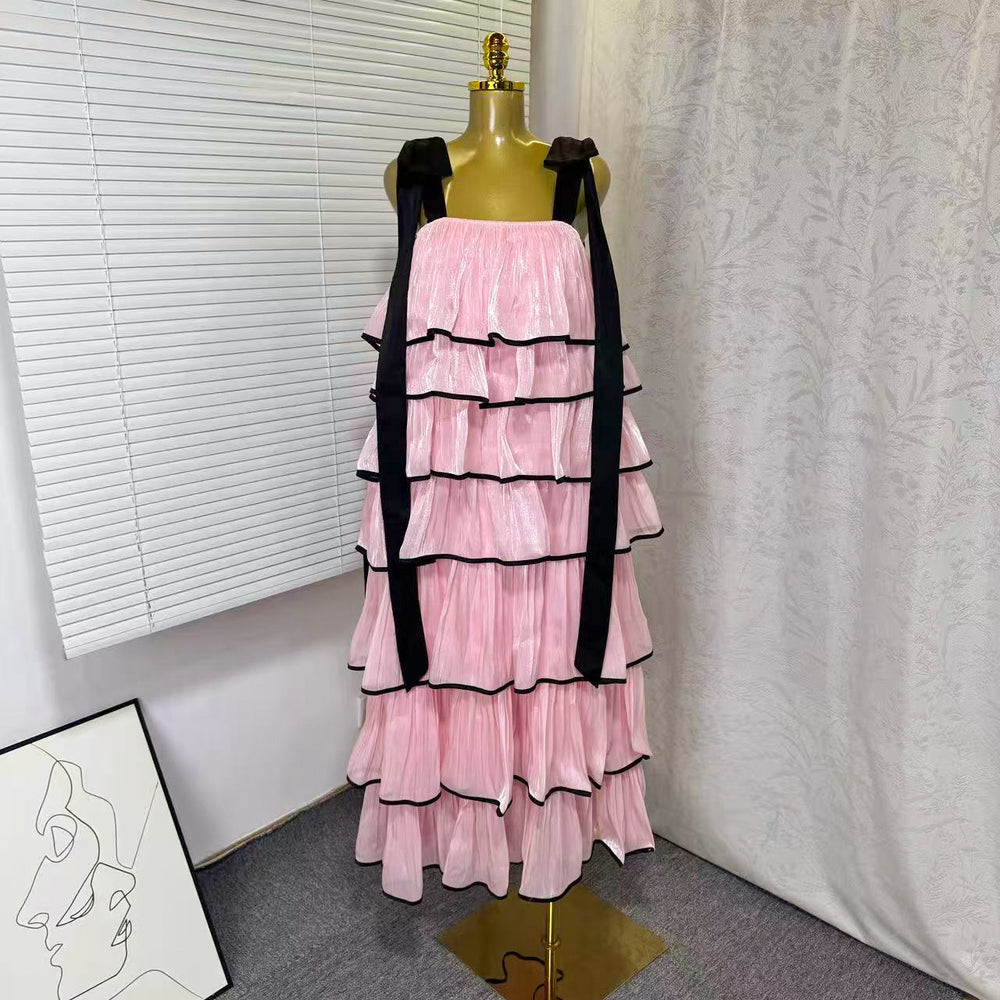 spring new sleeveless solid color wide strap long loose ruffle tiered cake dress