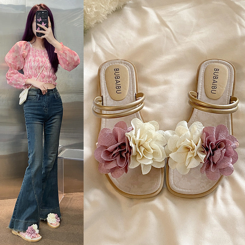 New summer fairy slippers women's summer outwear fashion two-color flower flats one-line sandals women's two-wear sandals