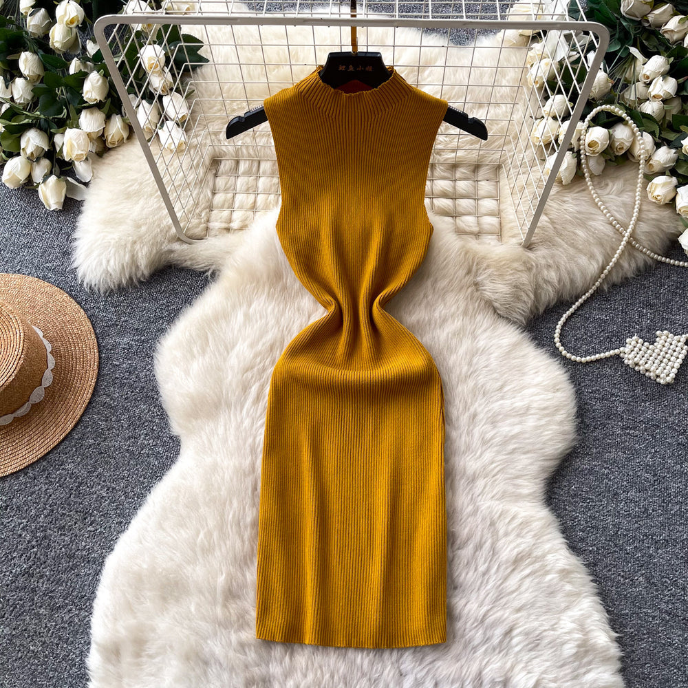 Sophisticated and elegant, this sleeveless, mock-neck knit dress is perfect for women's summer wear. featuring a korean-inspired design, this figure-flattering a-line dress is ideal for both work and casual outings