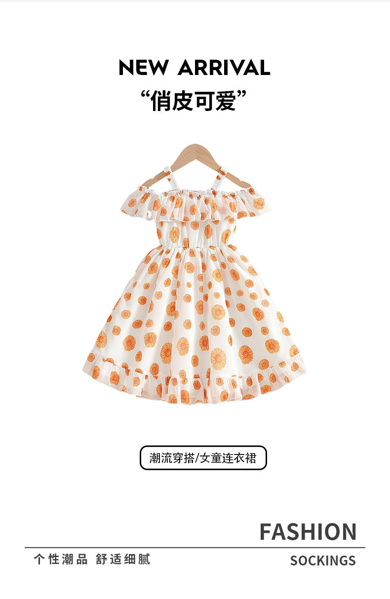Girls' summer sundress - orange floral print, ruffle collar, tiered cake dress, princess style