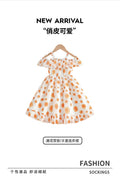 Girls' summer sundress - orange floral print, ruffle collar, tiered cake dress, princess style
