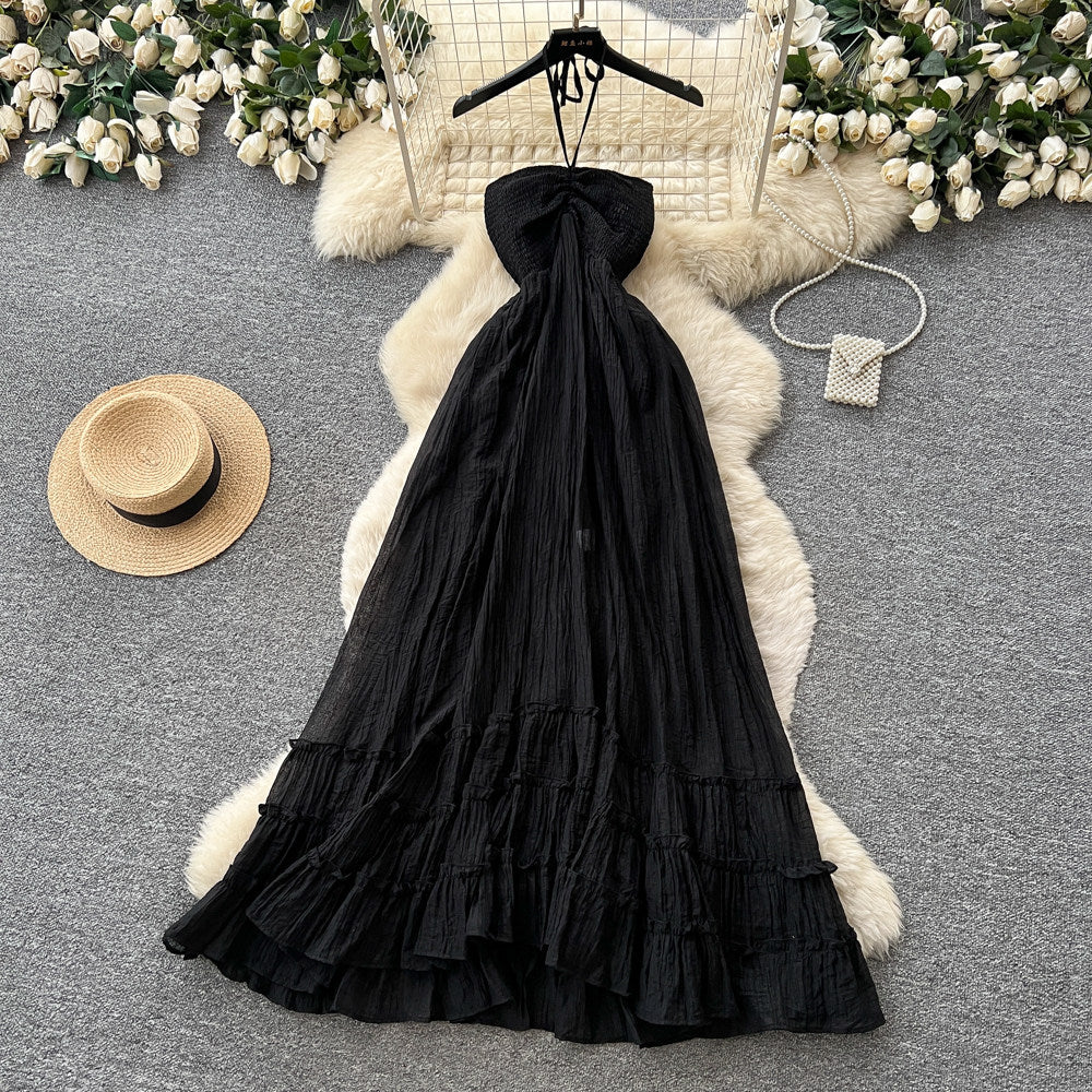 Vacation style haltersense of designdressfemalesummerpinkhigh waista-line long skirtatmosphereelegant skirt