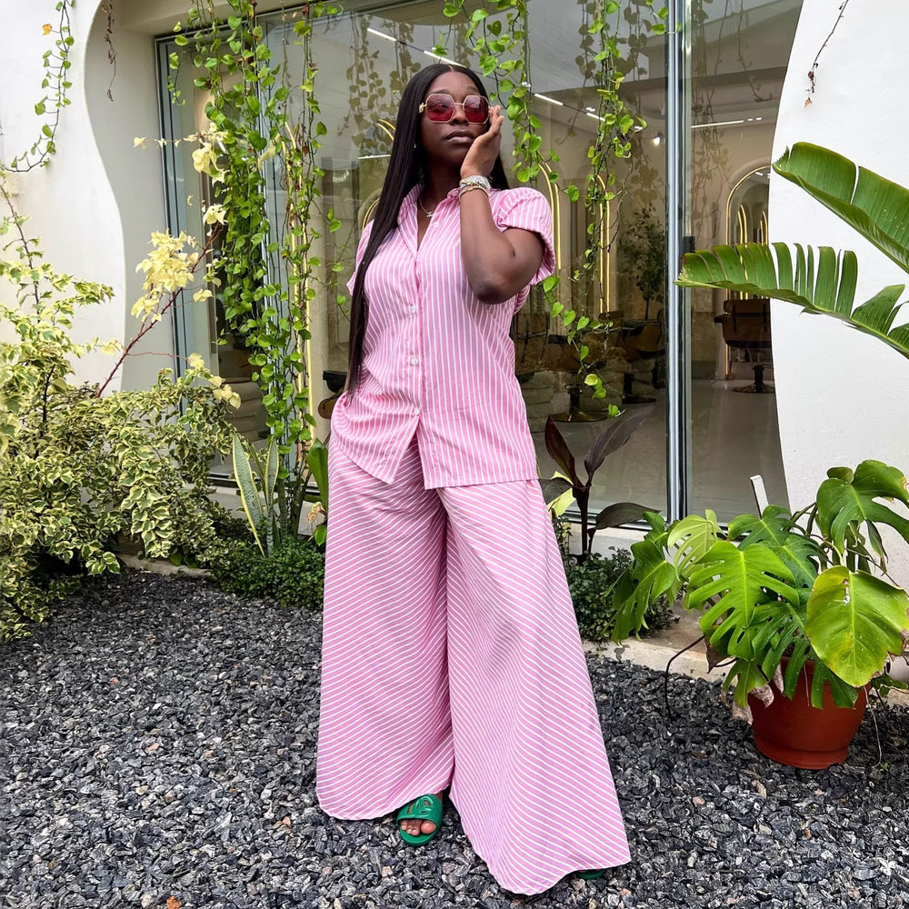 European and american cross-border women's clothing  summer new arrival: african-inspired fashion pink striped short-sleeve shirt and wide-leg pants set