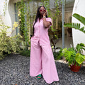 European and american cross-border women's clothing  summer new arrival: african-inspired fashion pink striped short-sleeve shirt and wide-leg pants set