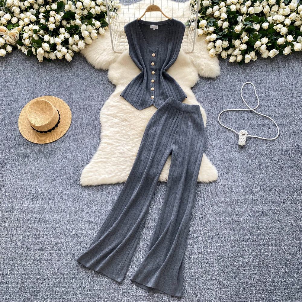 Qianjin feng classy suit autumn winter sleeveless v neckknitting shirt +high waistslimming lookslimming lookloose pantssuit