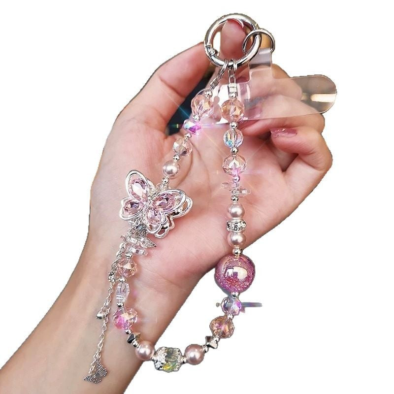 Classy heavy industry diamond-encrusted butterfly pendant colorful round beads ins style crystal beaded bag wrist style mobile phone chain