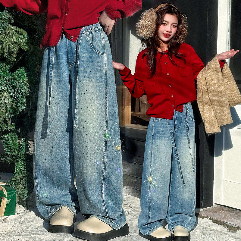 Girls'  high-waisted rhinestone denim jeans - spring/autumn street style, super stylish, seriously leg-lengthening, scalloped hem, mid-to-large size kids' clothing