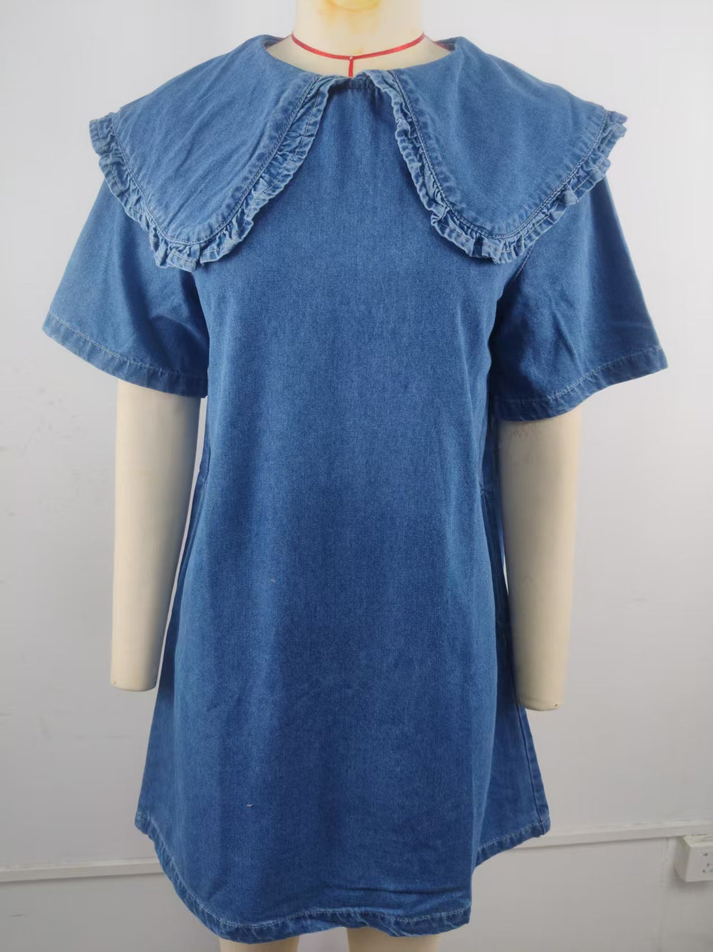 Fashion cross-border foreign trade  new arrival fungus edge large lapel short sleeve side flap pocket pants washed denim dress