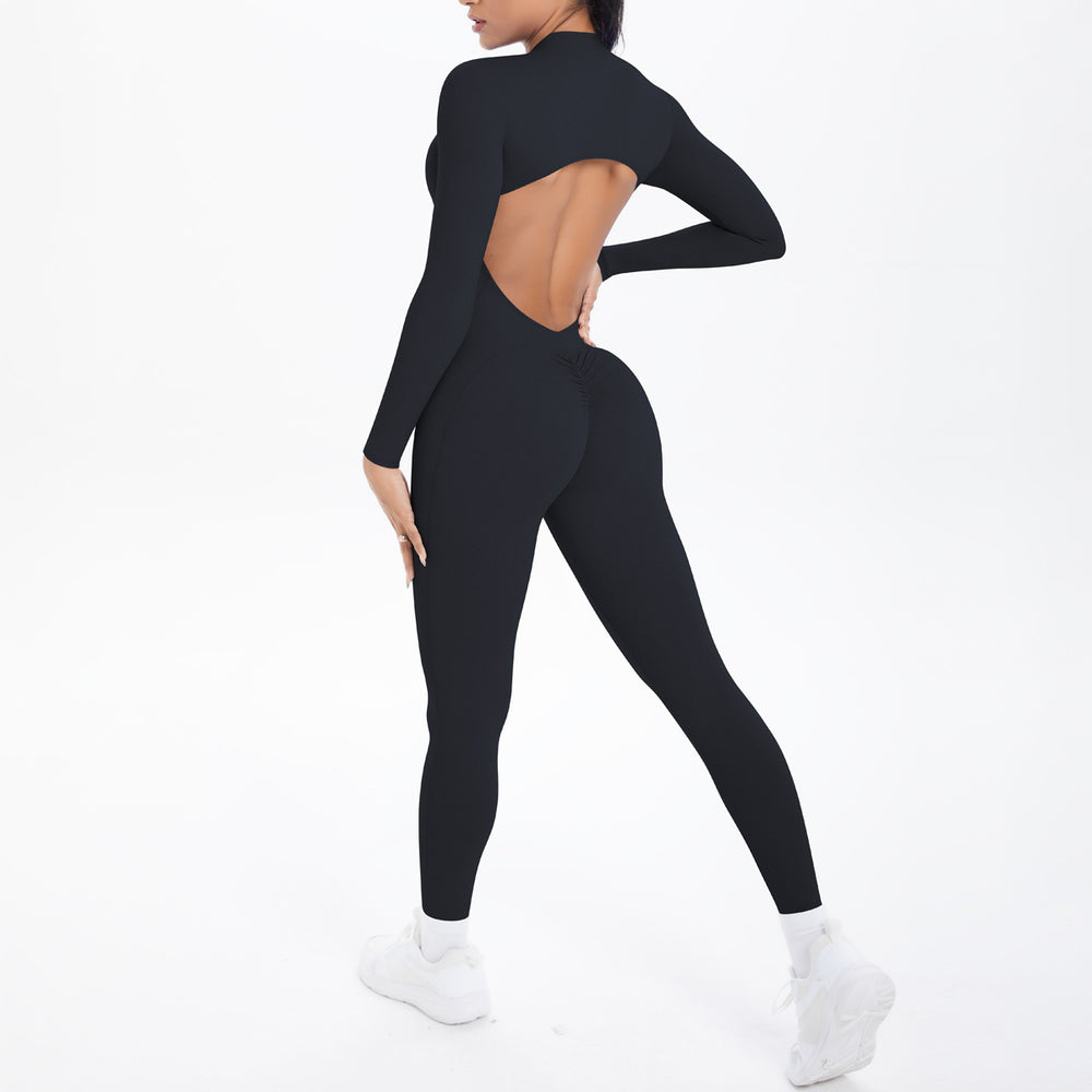 New arrival cross-border double-sided brocade pure color beautiful back cut outlong sleeves jumpsuit sports running fitness yoga wear jumpsuit
