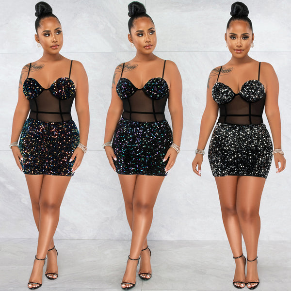 X5637 Cross-border   Fashion Sexy Suspender Sequin Mesh Perspective Zipper Middress Dress