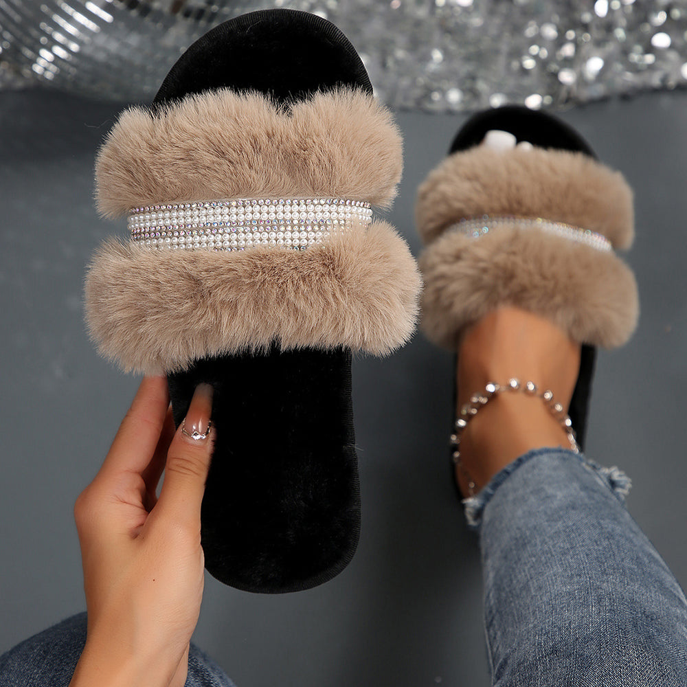 Fashion rhinestone indoor and outdoor casual fur slippers 2024 autumn and winter floor slippers bedroom home fur slippers