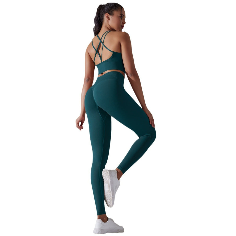 fashion seamless knittingpure color beautiful back high elastic tight yoga suit running fitness suit two-piece set for women
