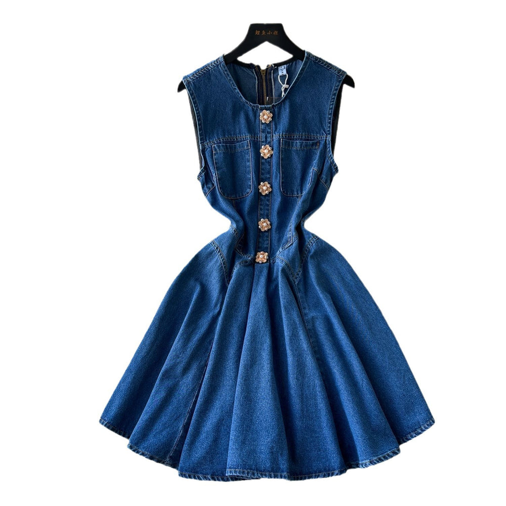 Summernew arrival sleeveless vest denim skirt women's waist slimming look heavy industry beading single-breasted pleated dress