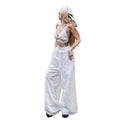 European and american style women's summer  new slim-fit hollow-out jacquard cropped inner top and fashionable casual pants set