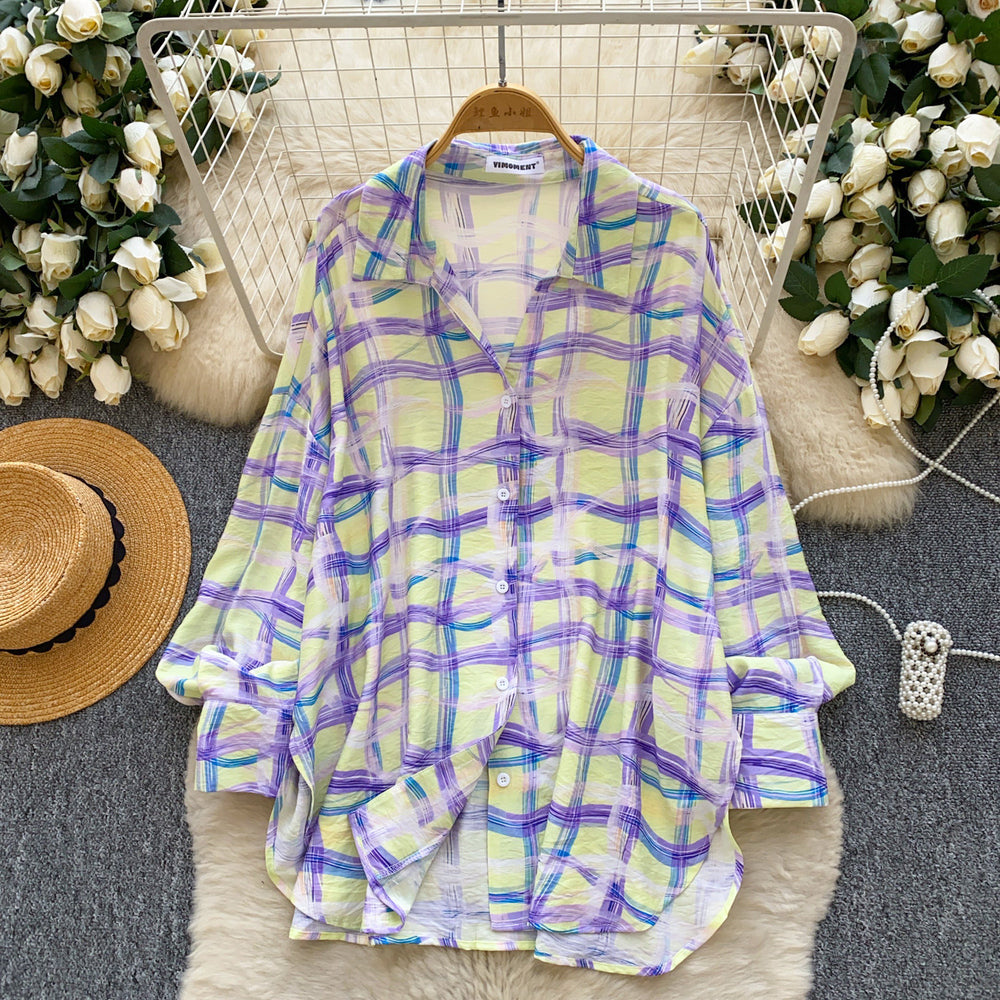K-styleloosegrids pattern comfortable breathable shirt women's long sleevesspringcardigancommuting boyfriend style lazy sun protection tops