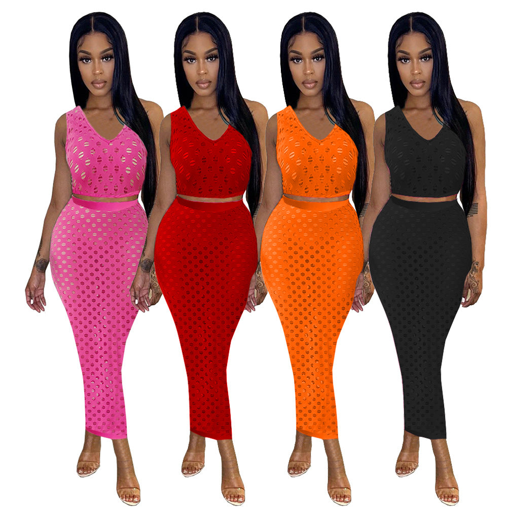 European and american cross-border women's fashion:  summer sexy hollow-out mesh tank top + maxi skirt set