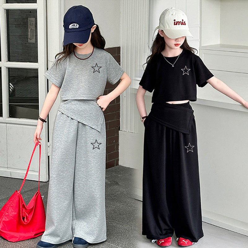 Girls' new korean style summer two-piece set: trendy, versatile, and chic - featuring irregular design and casual wide-leg pants