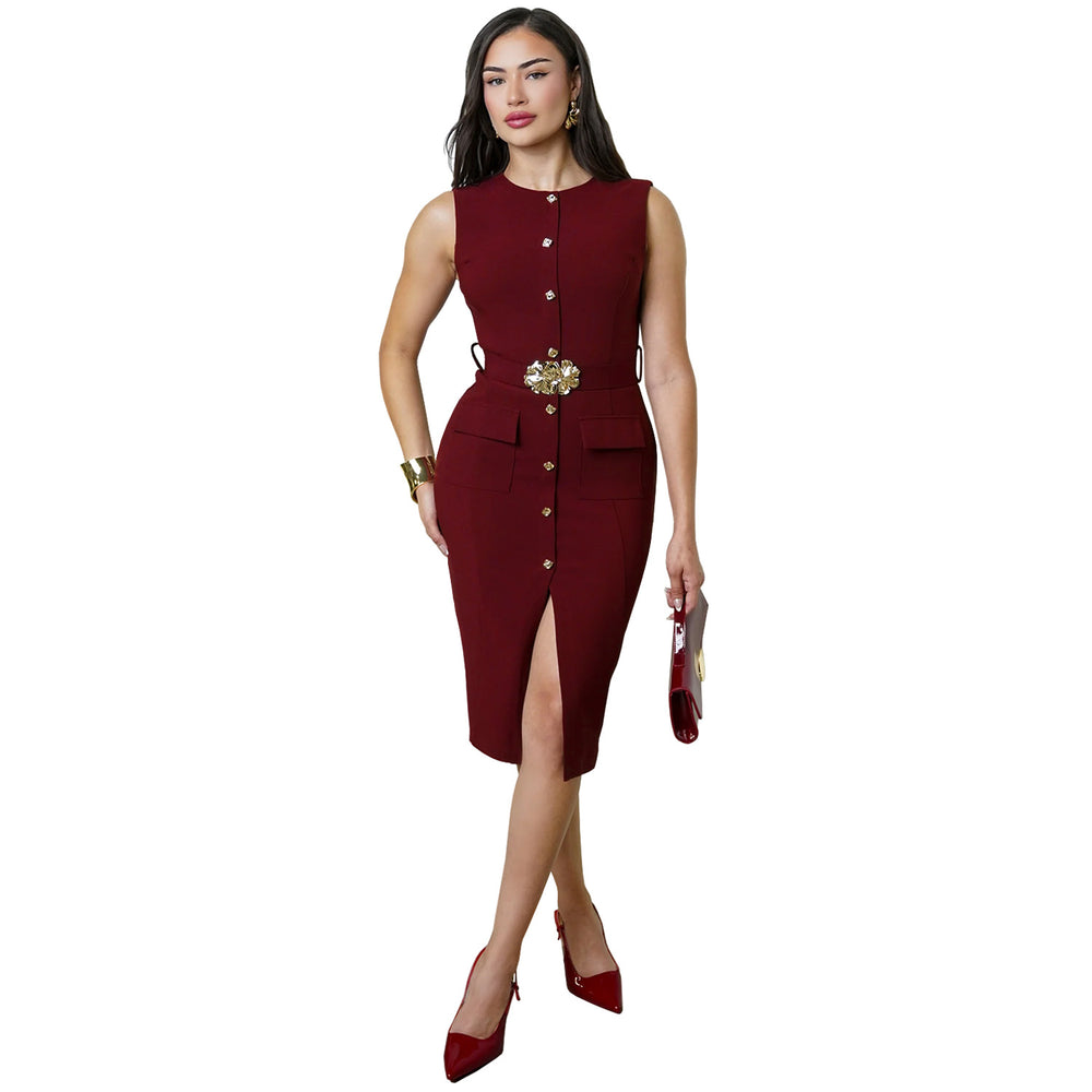 C7623 cross-border   fashion women's elegant single-breasted slim-fit slit dress - new arrival