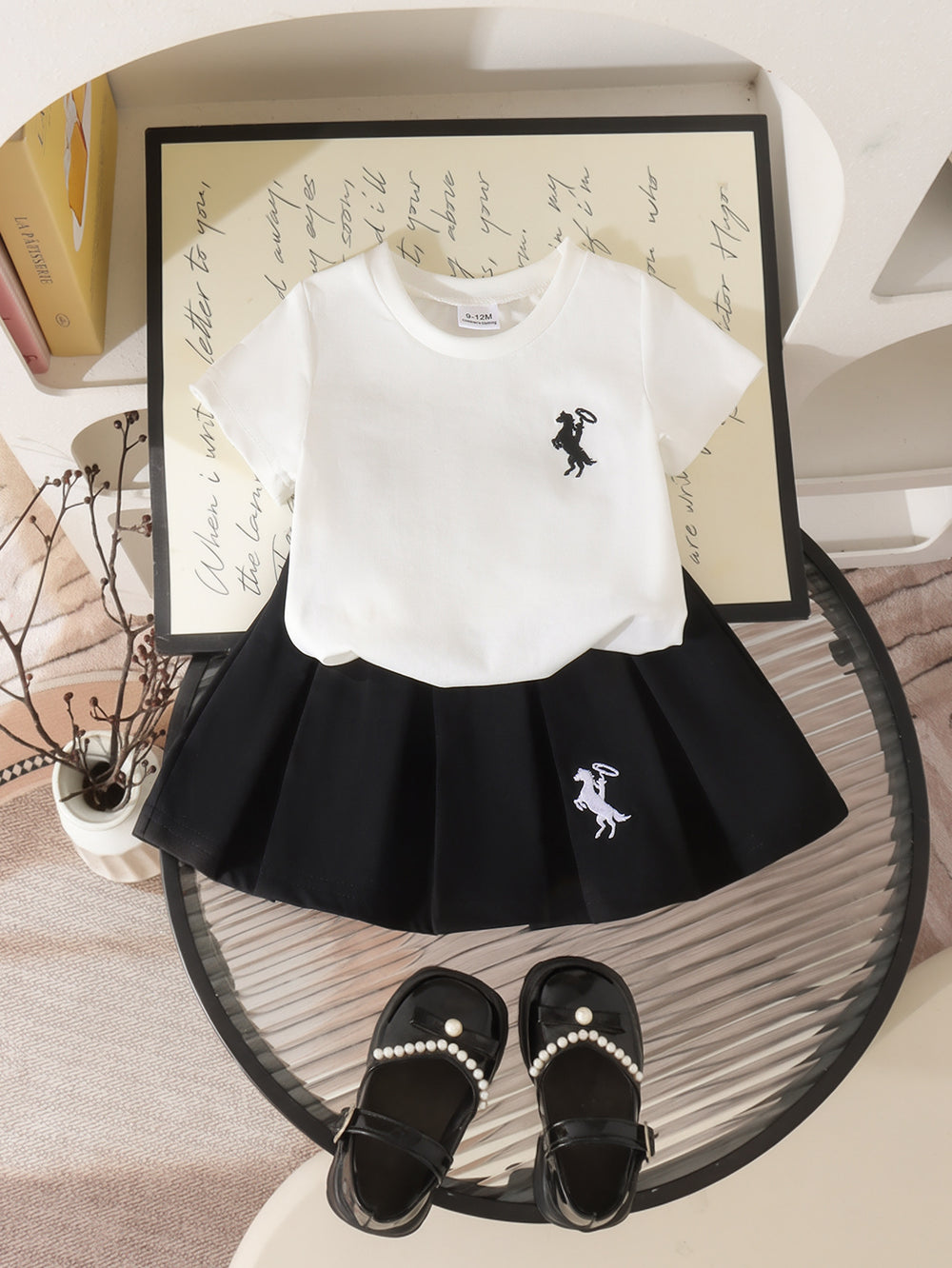 Baby clothing kids set children outfit white short-sleeved t-shirt + black skirt