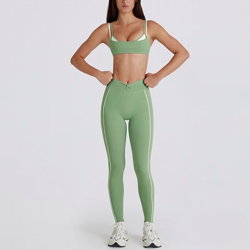 contrast color white stripes fake two pieces running pants shorts twist halter sports intimates bra yoga suit set for women