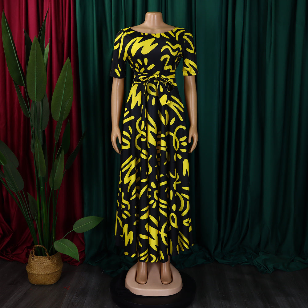 C8619 cross-border women's clothing  new fashion elegant lace-up african print short-sleeved large swing foreign trade dress
