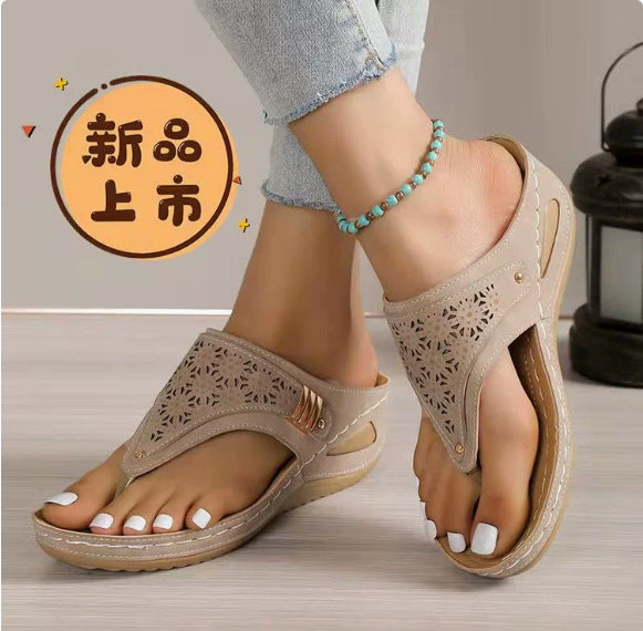 fashionplus sizepure color2024summernew arrival round toe thick solefashioncut outoutwear herringbone sandals for women