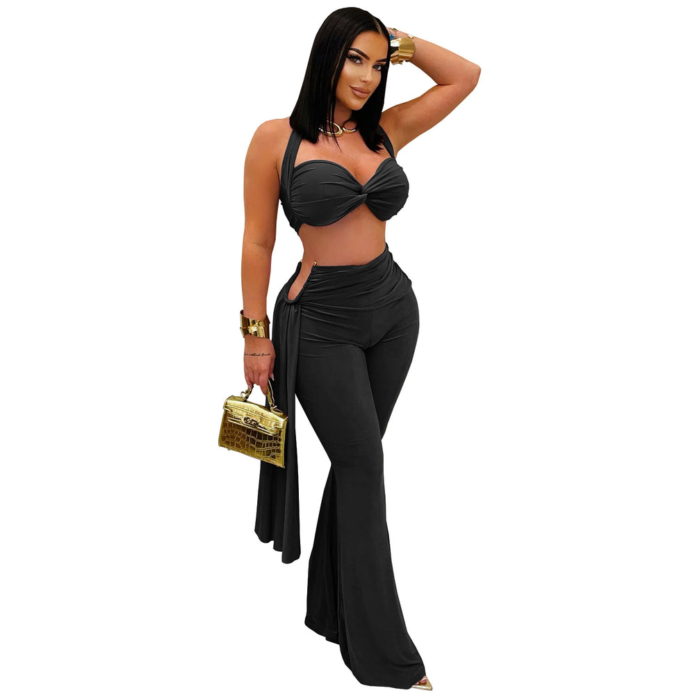 C7485 cross-border   fashion women's sexy summer bandeau top and tie-up pants set - new