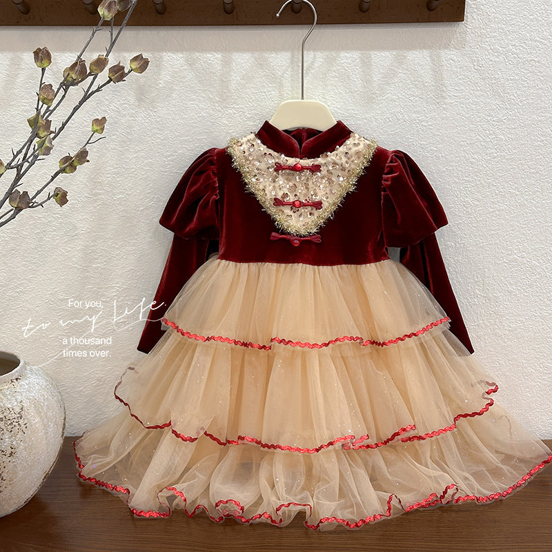 Girls' dress autumn new arrival red birthday dress lolita princess dress little girl puffy cake dress trendy