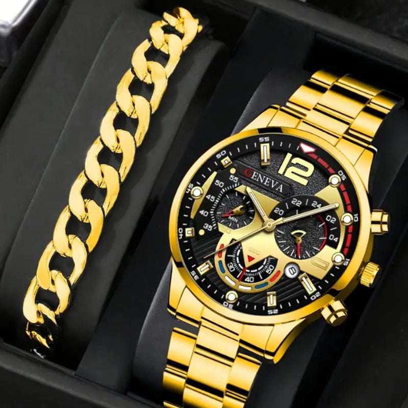 hot-selling men steel band calendar quartz watch bracelet suit quartz watch men's watch