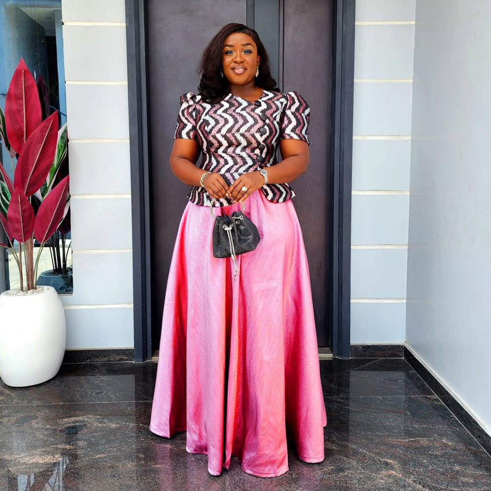 Aliexpress cross-border plus size midi skirt + t-shirt dress african women's crystal satin print two-piece skirt set