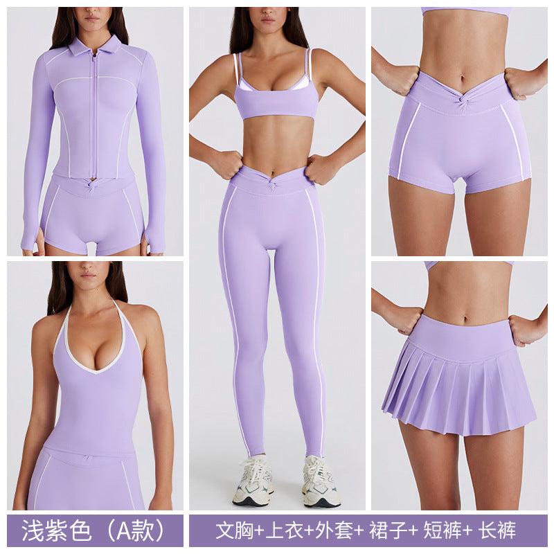 Contrast color bra tops long sleeves short sleeves pants shorts skirts pleated skirts zipper outwear yoga clothes six-piece suit