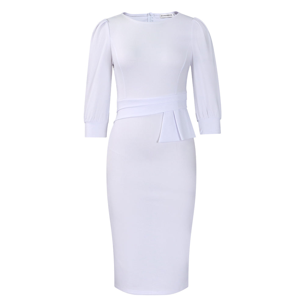 C8612 european and american plus size  new fashion solid color crew neck tie-waist ol bodycon african dress