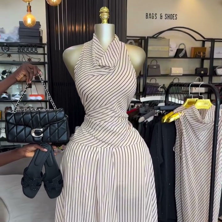 European and american cross-border women's fashion:  summer new arrival - elegant and chic scoop neck, slim-fit, sleeveless striped dress