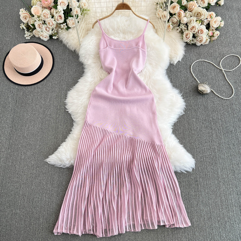 High-end see-through pink patchwork dress for women, new summer style, sweet and spicy girl, knitted camisole, beach-ready mermaid maxi dress