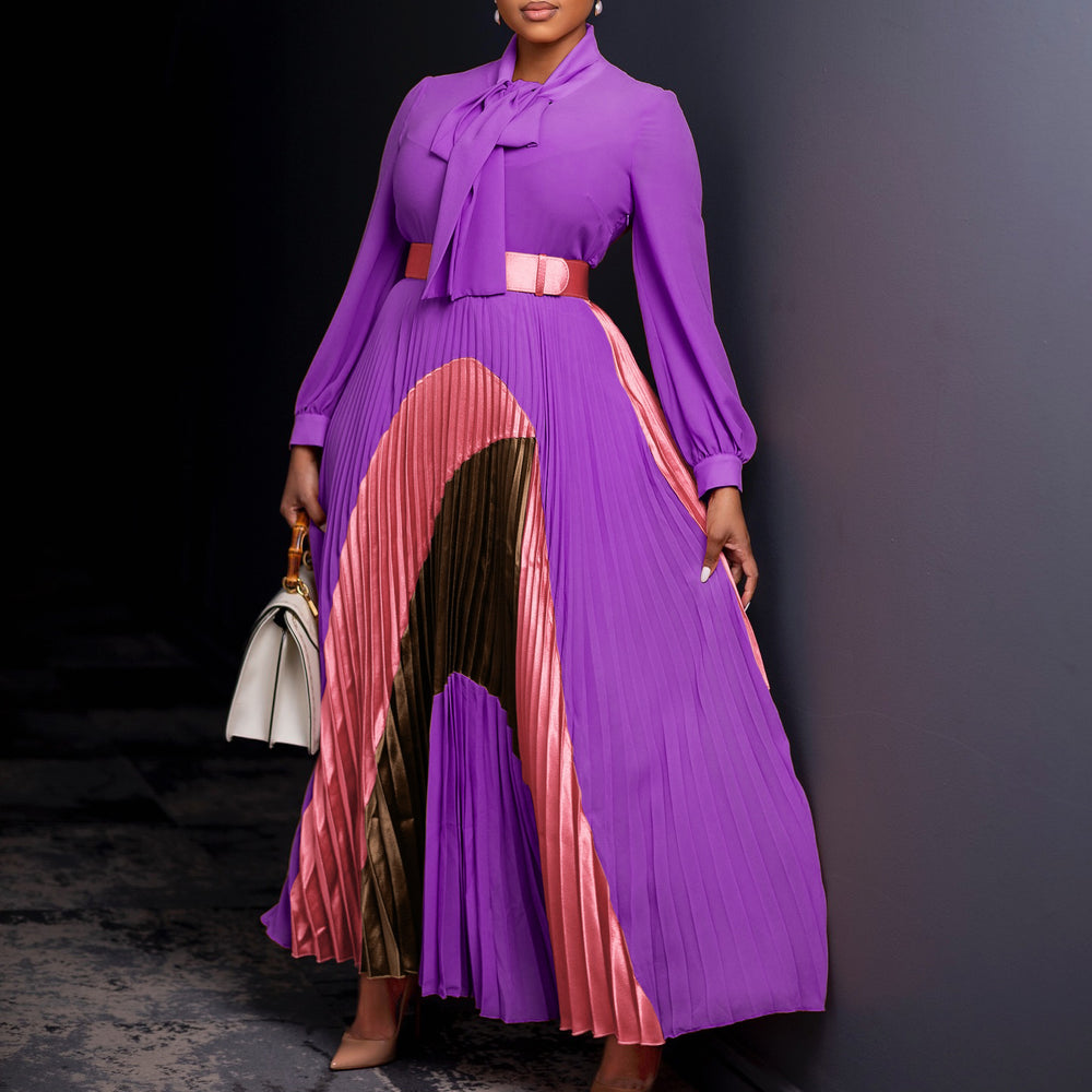 D547 european and american plus size women's clothing  autumn new arrival tie-waist pleated long sleeve color block elegant cross-border dress