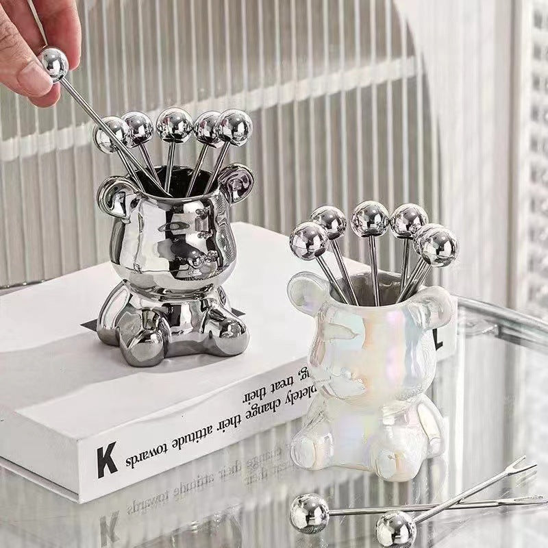 Simple ins style bear stainless steel fruit fork set fruit pick household high-looking ceramic fruit fork jar wholesale